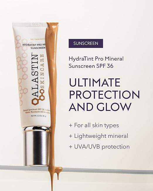 Alastin skincare product with text about sunscreen protection and features on a white background