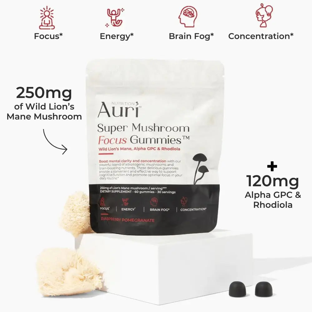 Packaging of Auri Super Mushroom Focus Gummies with visual highlights of 250mg of Wild Lion's Mane Mushroom and 120mg Alpha CPC & Rhodiola. product name, benefits focus, energy, and brain fog, and mentions of being vegan and non-GMO.