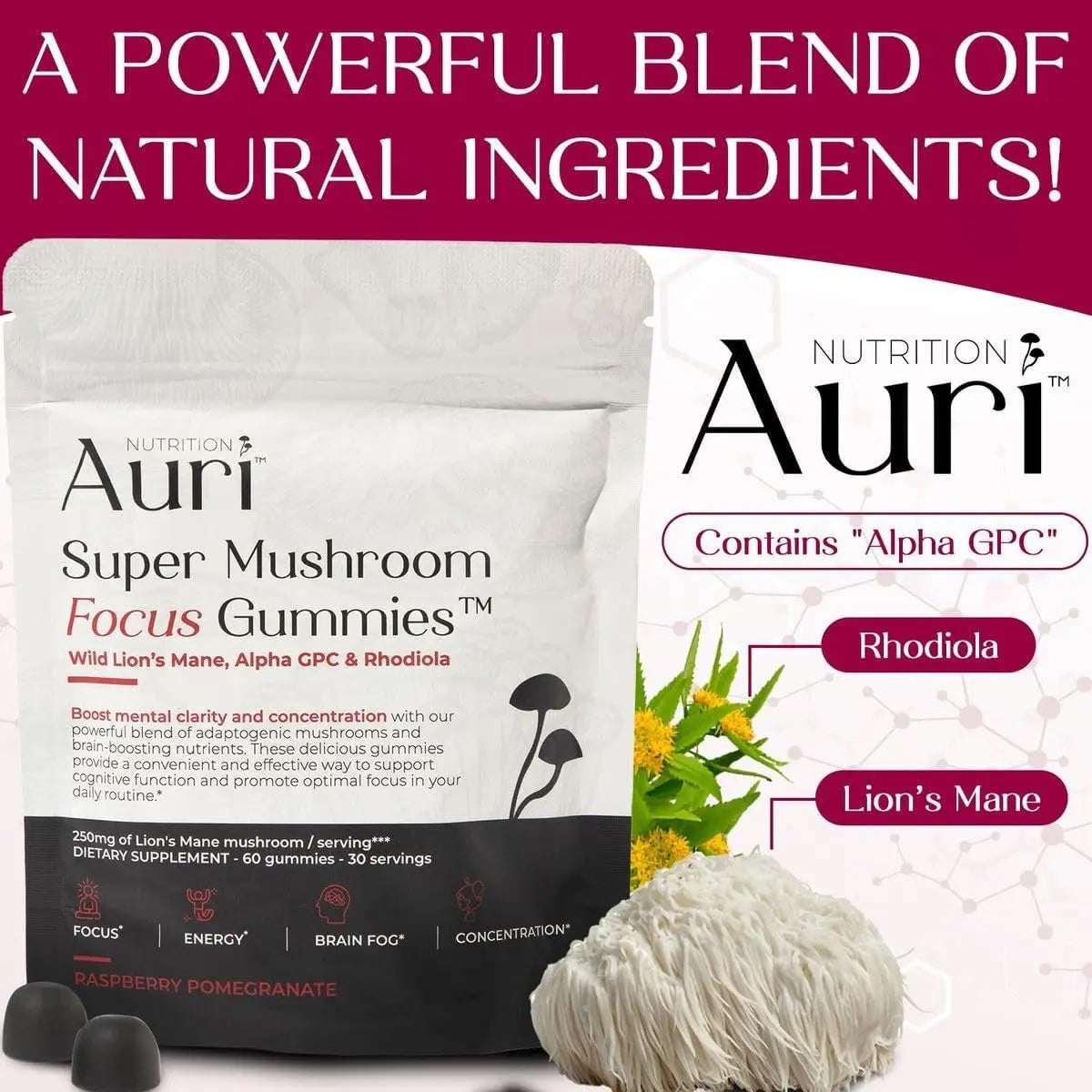 Left side shows product packaging, top text reads Natural Ingredients, right side text: Auri Lion’s Mane and Rhodiola for Focus & Clarity.