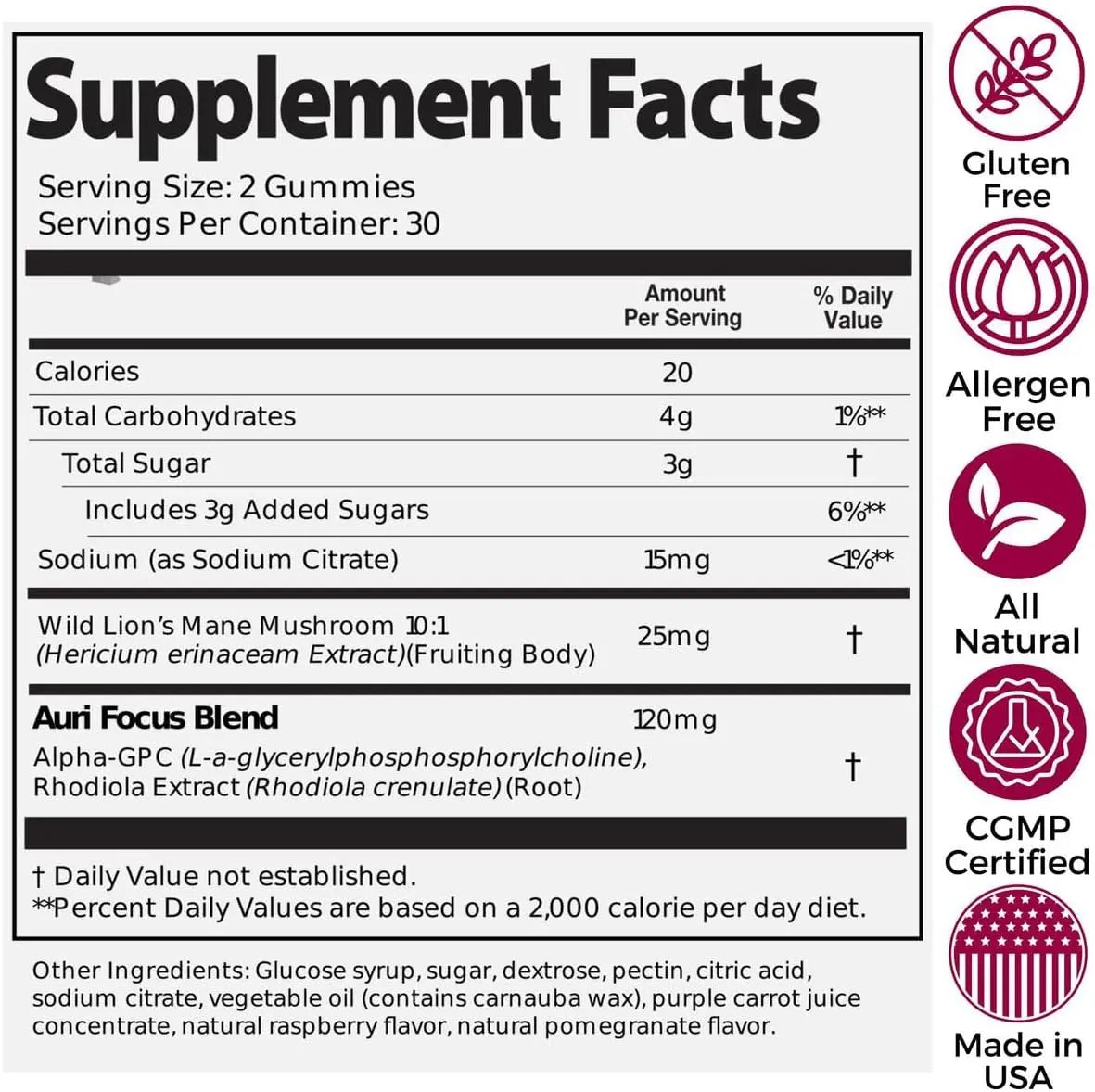 Supplement Facts label of Auri Super Mushroom Focus Gummies packaging, showing ingredients and dosage.