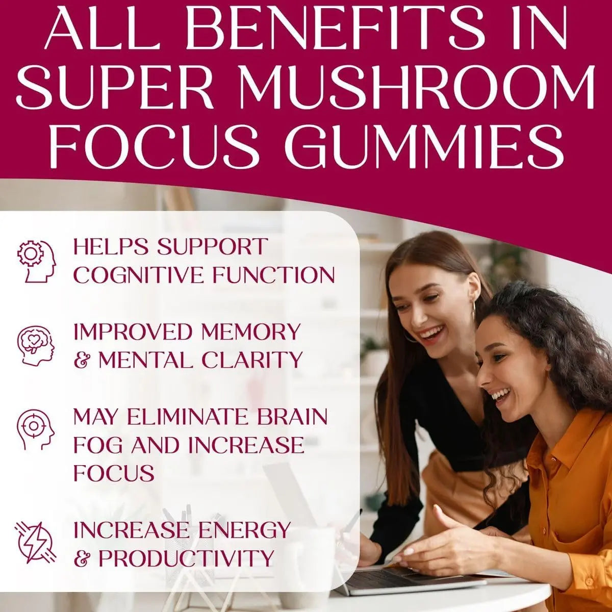 Supports cognitive function, memory, clarity, focus & energy—2 smiling girls enjoy Auri gummies with benefits listed on the side.