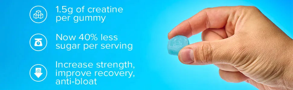 Creatine Monohydrate Supplement Facts 1.5g per serving, blue raspberry flavor, easy chewable format