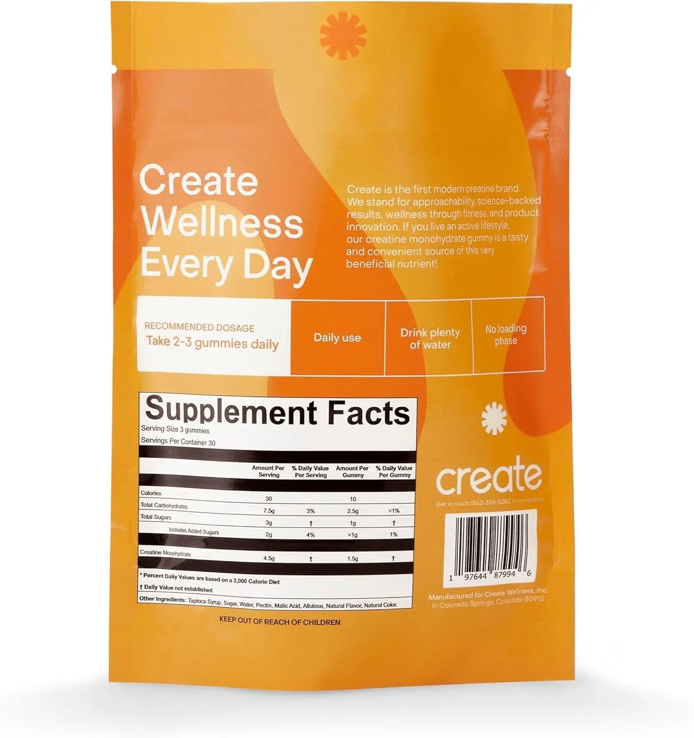 Creatine Monohydrate Orange Flavor Muscle Fuel Gummies - EA with clear supplement facts label.
