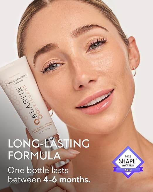 Woman holding a skincare product with text about long-lasting formula and Shape Award badge.