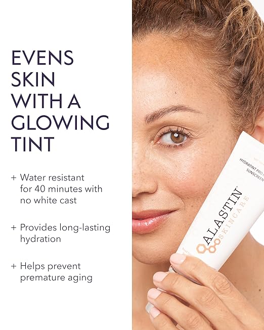 Woman holding a cosmetic product with text about skin care benefits on a white background