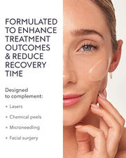 Woman applying a skincare product with text about treatment outcomes and recovery time.