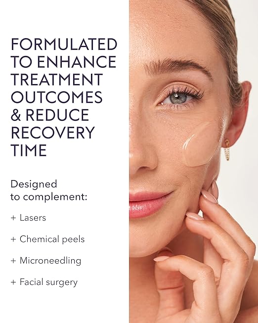 Woman applying a skincare product with text about treatment outcomes and recovery time.
