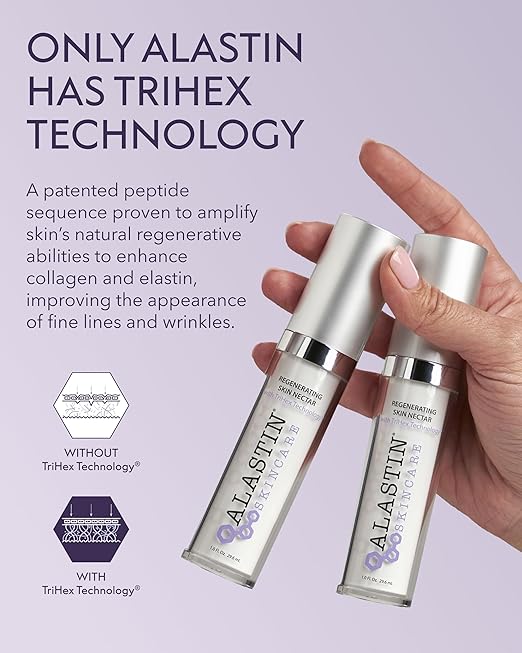 Two Alastin skincare products held by a hand with promotional text about TriHex technology.