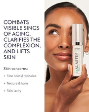 Woman holding a skincare product with text about its benefits on a white background
