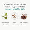 Advertisement for vitamins, minerals, and natural ingredients for hair health with images of Ashwagandha, Maca, and Saw Palmetto.