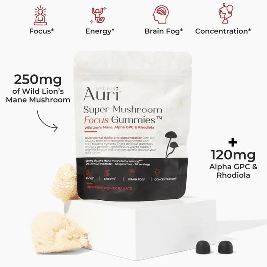 Packaging of Auri Super Mushroom Focus Gummies with visual highlights of 250mg of Wild Lion's Mane Mushroom and 120mg Alpha CPC & Rhodiola. product name, benefits focus, energy, and brain fog, and mentions of being vegan and non-GMO.