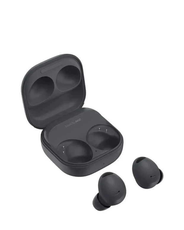 Black wireless earbuds with charging case on a white background