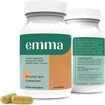 Two bottles of 'Emma Gut Health' dietary supplement with capsules spilling out in front, against a white background.