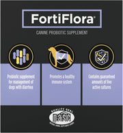 FortiFlora canine probiotic supplement packaging with NARIC certification logo.