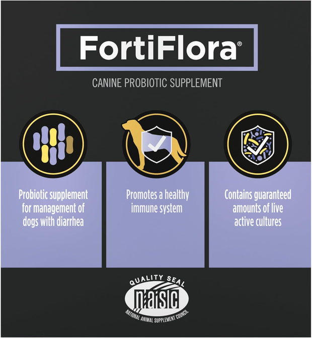 FortiFlora canine probiotic supplement packaging with NARIC certification logo.