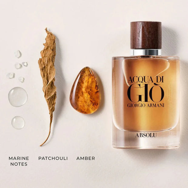 Giorgio Armani Acqua di Giò Absolu perfume bottle with natural elements on a light background