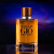 Giorgio Armani Acqua di Giò perfume bottle with wooden cap on a dark background