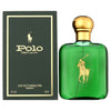 Green Polo Ralph Lauren perfume bottle with gold cap and logo next to its packaging on a white background