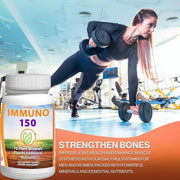 A bottle of IMMUNO 150 multivitamin supplement capsules with a woman working out in the background, lifting weights. The label on the bottle highlights bone health.