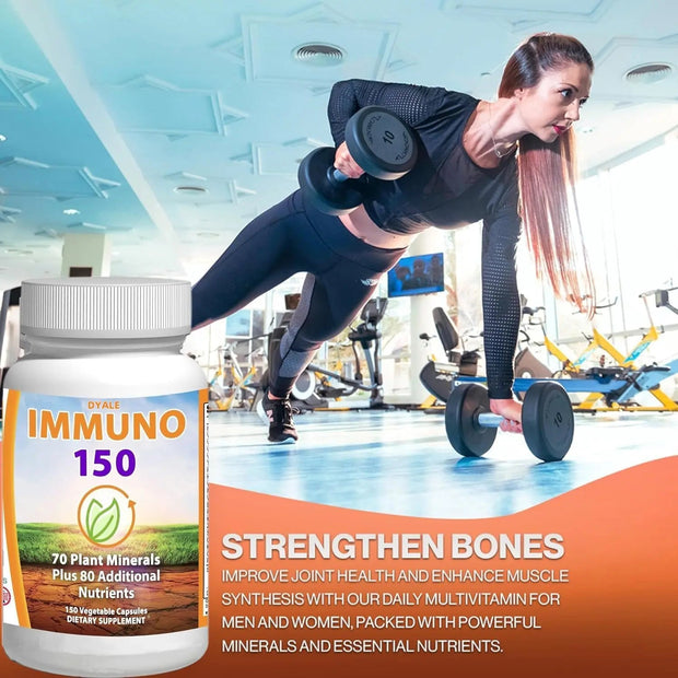 A bottle of IMMUNO 150 multivitamin supplement capsules with a woman working out in the background, lifting weights. The label on the bottle highlights bone health.