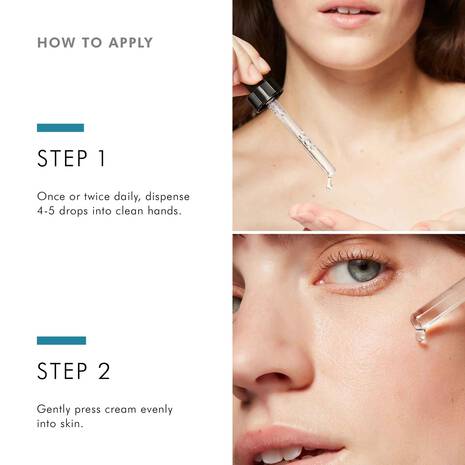 Instructions on how to apply a skincare product with close-up shots of application.
