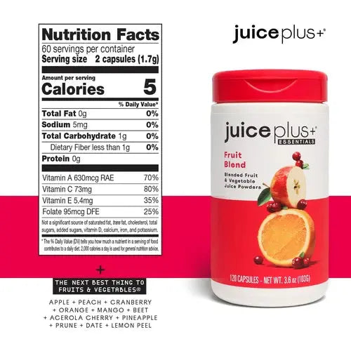 Juice Plus+ Fruit Blend nutrition facts reveal antioxidants from different fruits.