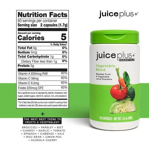 Juice Plus+ Vegetable Blend nutrition facts feature  plant-based nutrition.