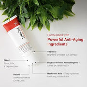 Tube of LiteCell skincare product with text highlighting anti-aging ingredients on a white background with green leaves.