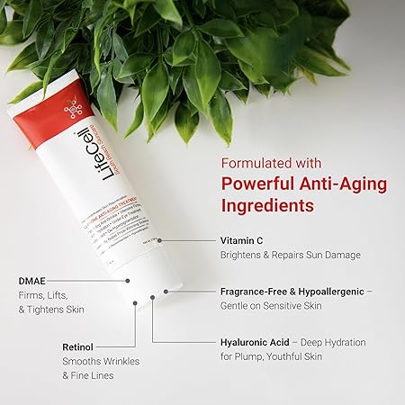 Tube of LiteCell skincare product with text highlighting anti-aging ingredients on a white background with green leaves.
