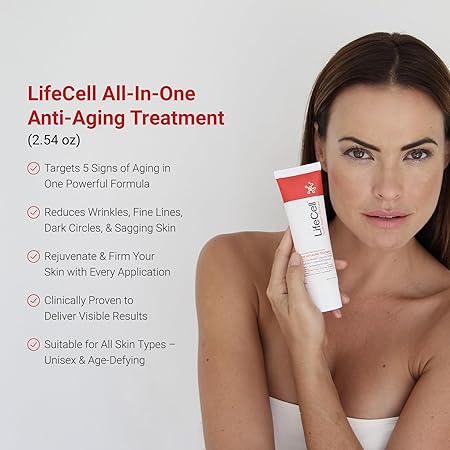 Woman holding LifeCell All-In-One Anti-Aging Treatment with product details on a light gray background