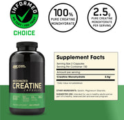 Optimum Nutrition Micronized Creatine Capsules bottle with supplement facts, offering 100% pure creatine monohydrate, 300 capsules.