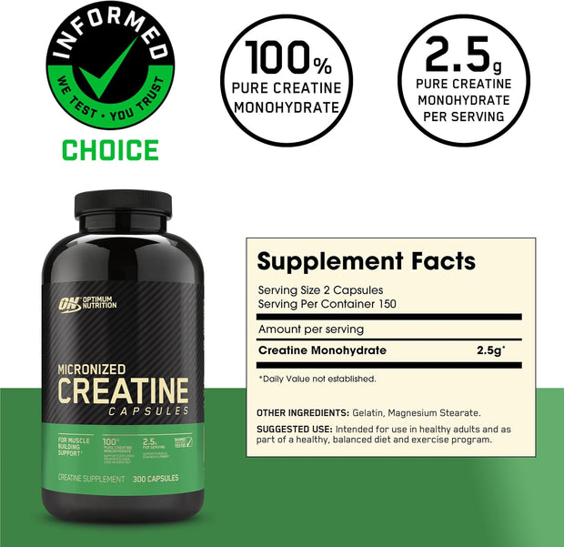 Optimum Nutrition Micronized Creatine Capsules bottle with supplement facts, offering 100% pure creatine monohydrate, 300 capsules.