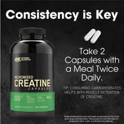 Optimum Nutrition Micronized Creatine Capsules with creatine monohydrate support muscle size.