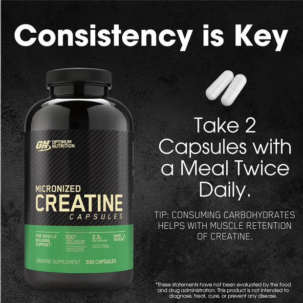 Optimum Nutrition Micronized Creatine Capsules with creatine monohydrate support muscle size.