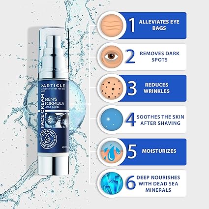 Particle Face Cream for Men – 6-in-1 Skincare Benefits Infographic with Bottle