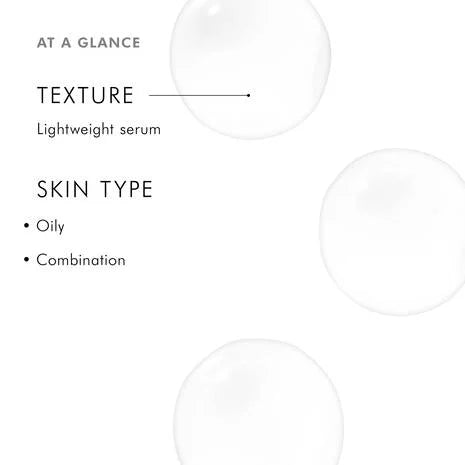 Product information card for a lightweight serum with texture and skin type details.
