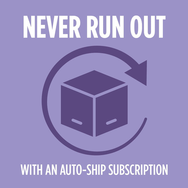 Promotional graphic with text 'Never Run Out with an Auto-Ship Subscription' on a purple background.
