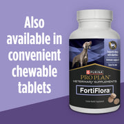 Purina Pro Plan FortiFlora supplement bottle with text on a purple background