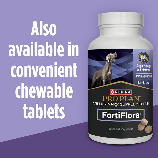 Purina Pro Plan FortiFlora supplement bottle with text on a purple background