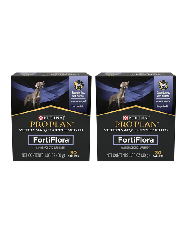 Two boxes of Purina Pro Plan FortiFlora veterinary supplements on a white background