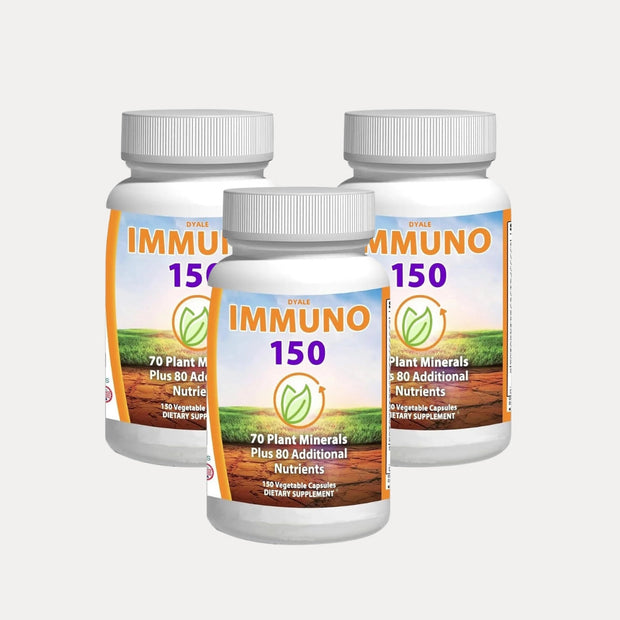 Three bottles of Immuno 150 dietary supplements on a white background