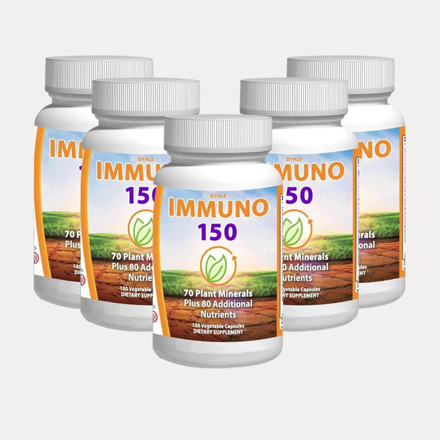 Five bottles of Immuno 150 dietary supplements on a white background