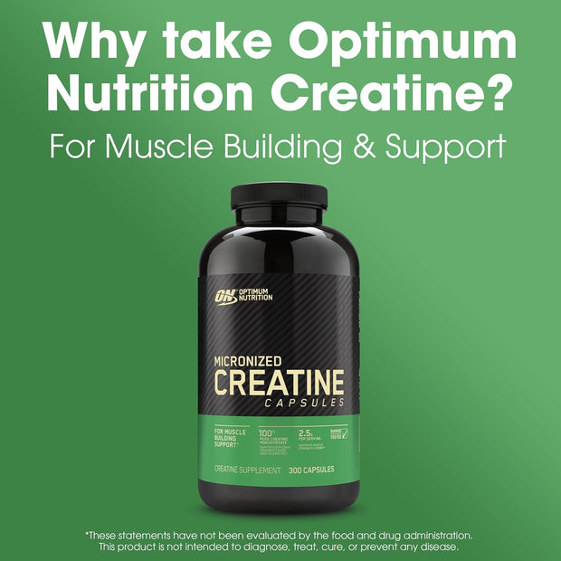 Optimum Nutrition Micronized Creatine Capsules bottle for muscle building and support, 300 capsules, keto friendly.