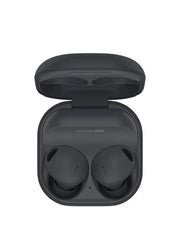 Black wireless earbuds in a charging case on a white background