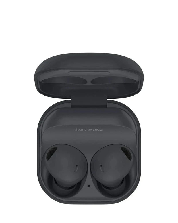 Black wireless earbuds in a charging case on a white background