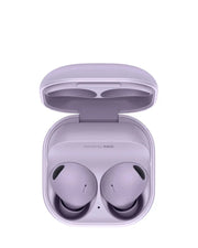 Purple wireless earbuds in an open case on a white background