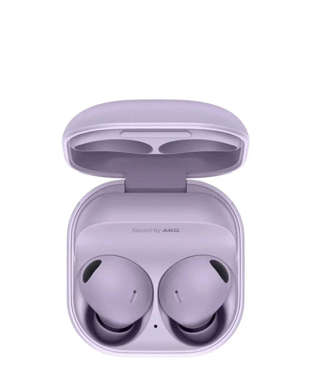 Purple wireless earbuds in an open case on a white background