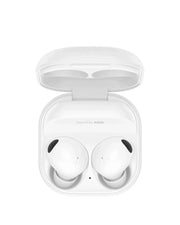 White wireless earbuds in a transparent case on a white background