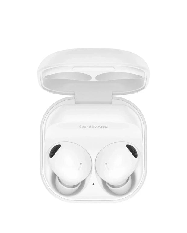 White wireless earbuds in a transparent case on a white background